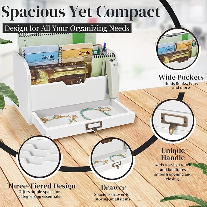Flexzion 3 Tier Wooden Desk Organizer - Country Rustic Mail Organizer Countertop Compartments Slot File Tray Pencil Sorter Shelf Holder Accessories Set with Storage Drawer for Home Office, Beige Wood