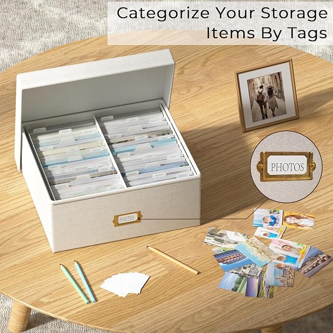 Decorative Photo Storage Box - Linen Photo Box Organizer with Dividers, Fits Holds Up to 1700 Pictures and 4x6 Photos, Memory Keepsake Organizer for Photos, Scrapbook Supplies, Cards, Stamps (Beige)
