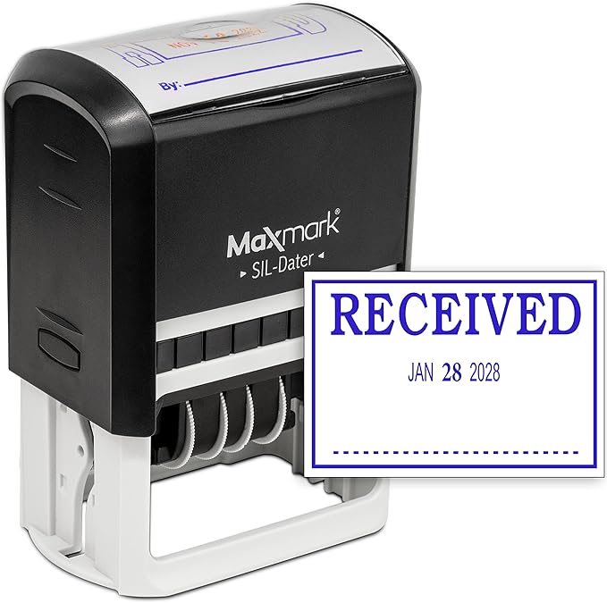 MaxMark Large Self-Inking Rubber Date Office Stamp with Received Phrase & Date - Blue Ink, 12-Year Band - Style 3