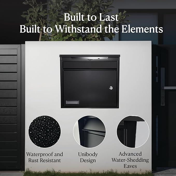 Solar Wall Mount Mailbox for Outside - Auto LED Light at Dusk, Large Locking Mail Box (13 x 3.7 x 12.2 Inches) with Key, Secure Metal Mailboxes for House Outside, Waterproof & Rust-Proof