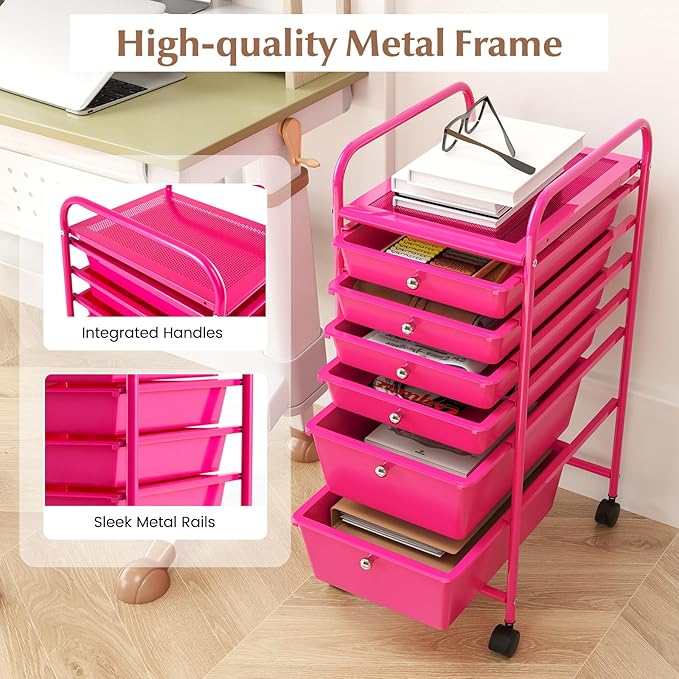 RELAX4LIFE 6-Drawer Rolling Storage Cart - Classroom Organization on Wheels w/Removable Plastic Drawers, Mobile Art Craft Cart for School Paper Home Office, Utility Cart with Drawers (Pink)