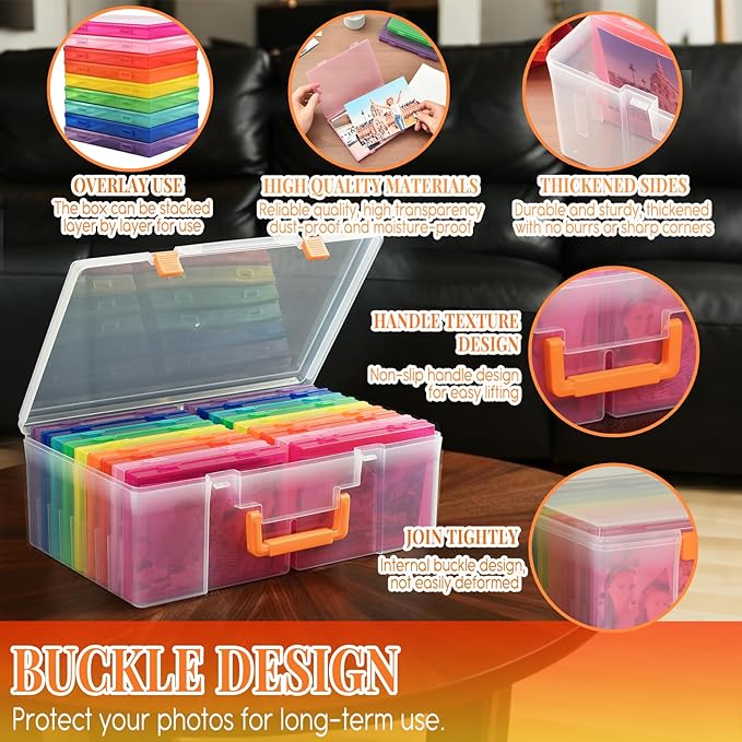 Photo Storage Box 5 x 7 Inches, 18 Inner Photo Cases with Dividers, Colorful Acid-Free Photo Storage Containers with Handle, Photo Organizer Craft Keeper for Stickers, Craft, Stamp