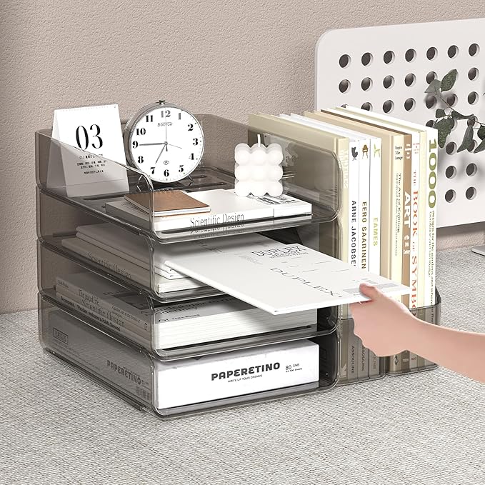 Clear Paper Organizer with Movable Bookends, Brown Acrylic Stackable Paper Tray for Desk, 4-Tier Letter Tray Organizer Office Supplies