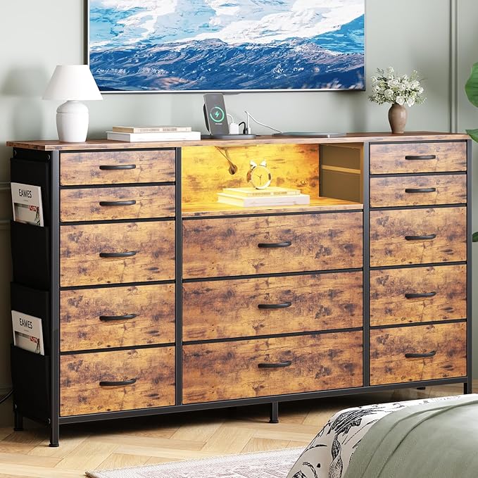 HCHQHS 47 Inch Dresser for Bedroom with 13 Drawers,Side Pockets Hooks and Lights with Remote Control,Hallway,Closet,Kitchen,Large TV Stand (Rustic Brown)