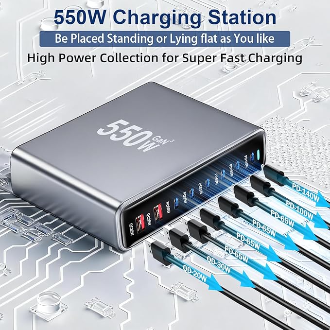 550W USB C Fast Charger Block, PD3.1 140W 8 Port USB Charging Station, GaN Ⅲ Pro PD PPS Fast Charging Station for Multiple Devices,Laptop Wall Charger Compatible with iPhone 17/iPad/MacBook etc
