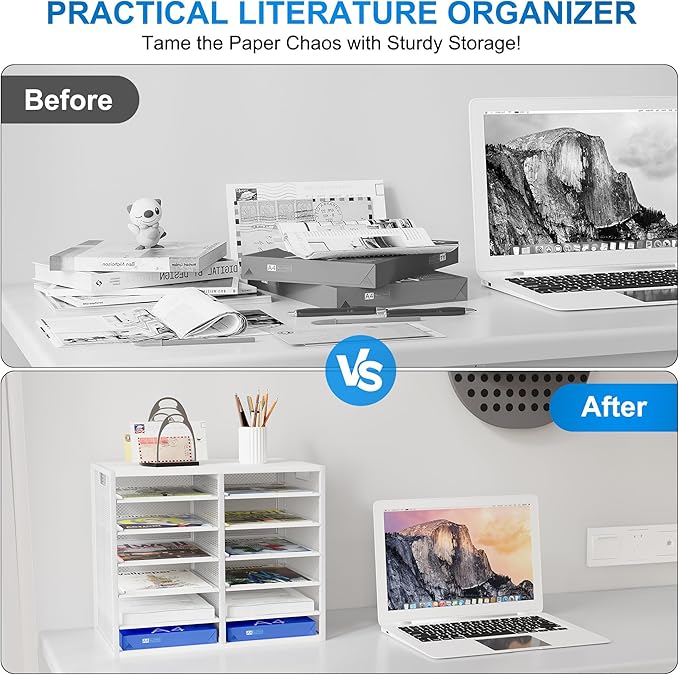 PAG-Mass Mail Sorter for Desk, Countertop Literature Organizer, Student Mailbox for Classroom, Desktop Bill Paper Holder Rack for Office Home School, 12 Compartments, White