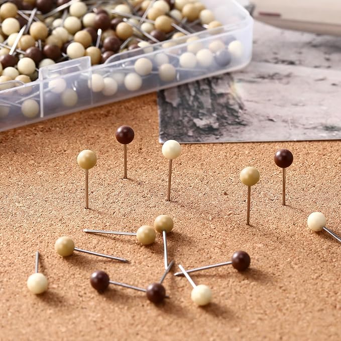 WILLBOND 500 Pack Map Push Pins Map Tacks Small Round Head Push Pins Thumb Tacks for Travel Picture Photo Bulletin Board Wall DIY Craft School Office Home(Beige, Khaki, Brown,1/6 Inch)