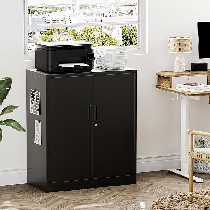 TaskStorz Metal Garage Storage Cabinets，Metal File Cabinet with 2 Adjustable Shelves, Lockable Storage Cabinets for Office, Home, Garage, Warehouse 36" H x 31.5" W x 15.7" D (Black)