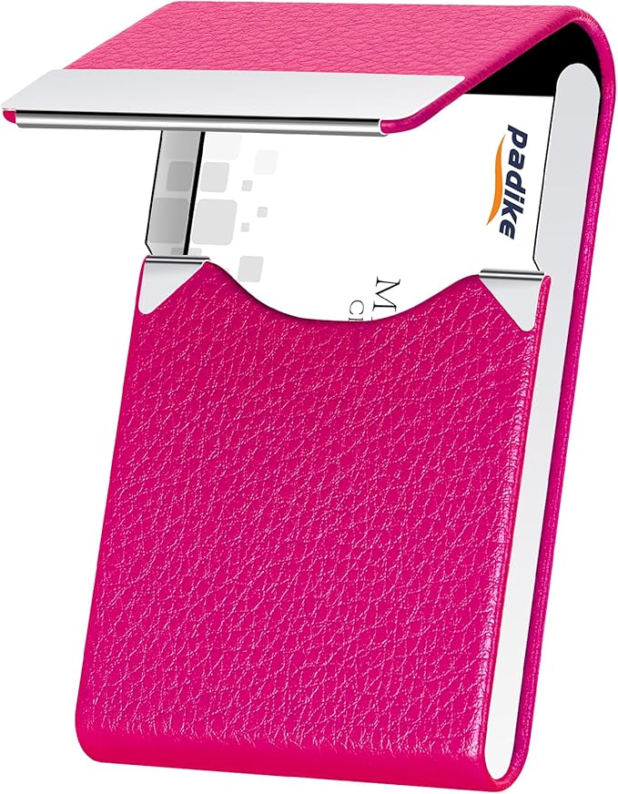 Padike PU Leather Business Card Holder for Women Professional Business Name Card Holder Stainless Steel Business Card Case with Magnetic Shut (Rose red)