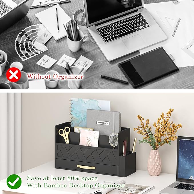 Wisuse Desk Mail Organizer with Drawer - Bamboo Wooden File Bill Sorter Storage Box for Desktop, Letter Countertop Holder for Home Office School Organization Tabletop Accessories Supplies (Black)