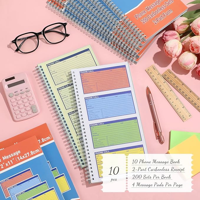 Fullhawl 10 Pcs Spiral Bound Phone Message Book 5-1/2" x 11" 2 Part Colorful Carbonless Phone Message Pads 4 Messages Per Page Carbon Copy Notebook Spiral Phone Call Log Book for Business Office