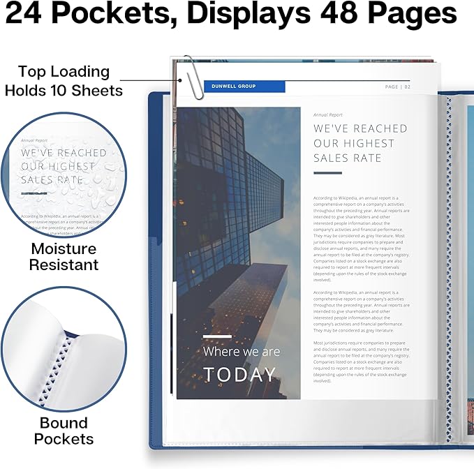 Dunwell Presentation Binder 24-Pocket, Displays 48 Pages, 8.5x11 Portfolio Binder with Plastic Sleeves, Storage and Organizer for Documents, Certificates, Projects, Photos (3 Pack, Blue)