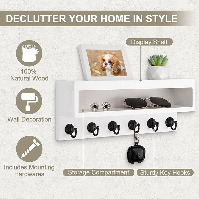 Lucundm Key and Mail Holder Wall Mount, Key Hanger with Long Storage Box and 6 Hooks for Coat, Dog Leash, Home Decor Rack, House Accessories, Entry Way Organizer (White)
