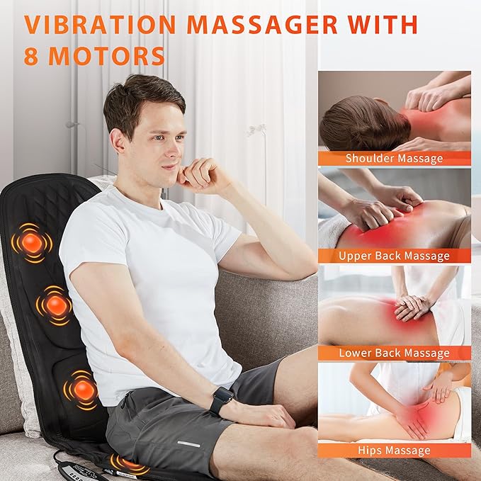 comrelax Back Massager with Heat, Seat Massager with 8 Powerful Vibration Motors, Portable Massage Chair Pad for Office Home Use, Gift for Men/Women/Family/Friends