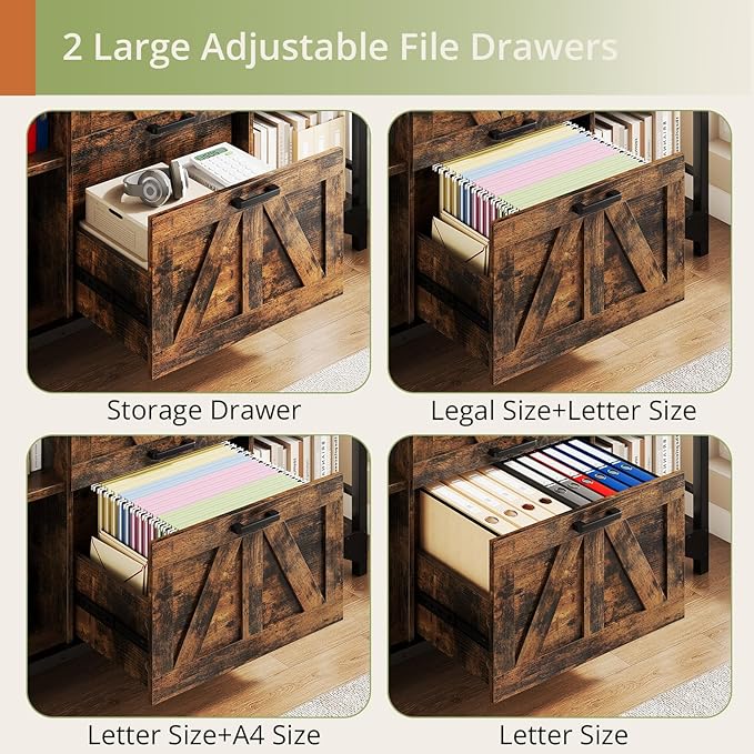 AesthLife 44" File Cabinet for Home Office, Wood Filing Credenza with Built-In Power Outlet, 2 Drawer File Cabinet with Lock, 4 Open Shelves, Metal Shelf, Adjustable Drawer fit to Legal/Letter/A4 Size