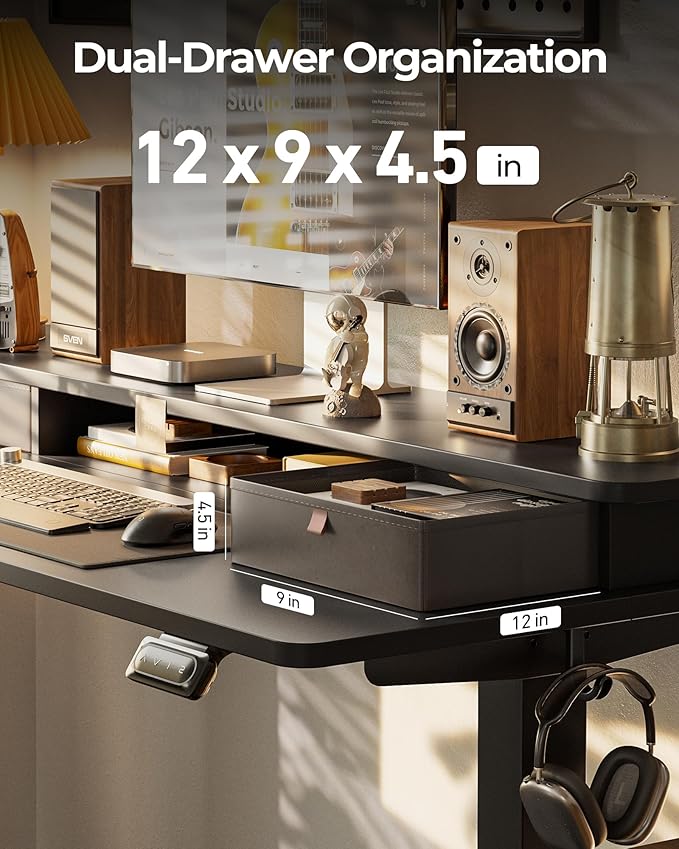 FEZIBO 60 x 24 Inch Height Adjustable Electric Standing Desk with Double Drawer, Stand up Home Office Computer Desk with 4 Height-Adjustable Feets & 2 Hooks, Black