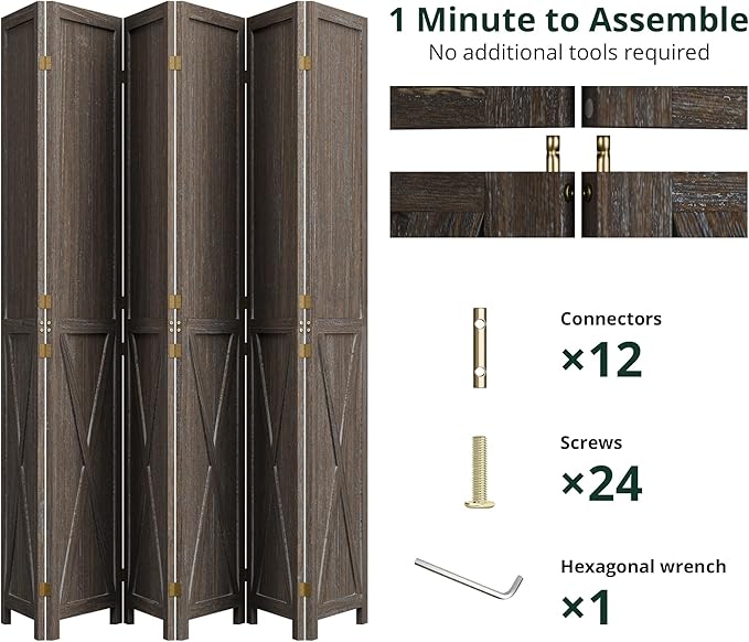 Cozy Castle Wood Room Divider, 6 Panels Folding Privacy Screen, 66.9'' Wall Divider, Barnwood Room Separator, Freestanding Partition, Temporary Wall for Decorative, Rustic Brown
