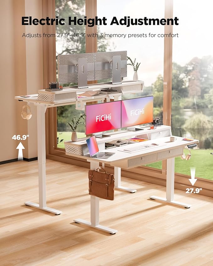 FiCiHi Electric Standing Desk with Four Drawers, Adjustable Height Sit Stand Desk, C-Clamp Compatible Home Office Desk with Storage Shelf & Monitor Stand Riser, 55 x 24 Inch, White