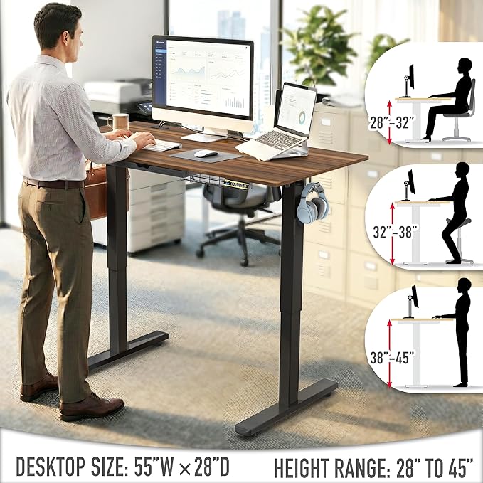 SHW 55 x 28 Inches Electric Height Adjustable Standing Desk with Drawer and Memory Preset, Walnut