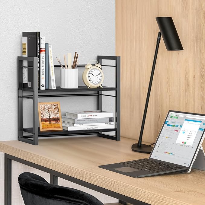 ART-GIFTREE Office Desk Shelf Organizer, Wood Desktop Bookshelf Supplies Storage Rack, Shelf for Top of Desk and Dresser (Pure Black-2 Tier)