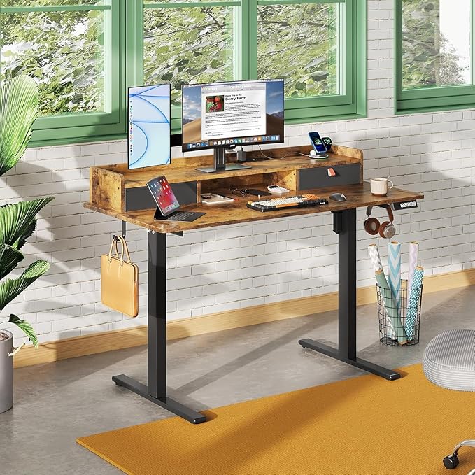 DEVAISE 48×24 Inches Electric Standing Desk with Drawers, Computer Desk with Adjustable Height, Storage Shelf, Built-in Power Outlets, Sit to Stand Desk for Home Office, Rustic Brown