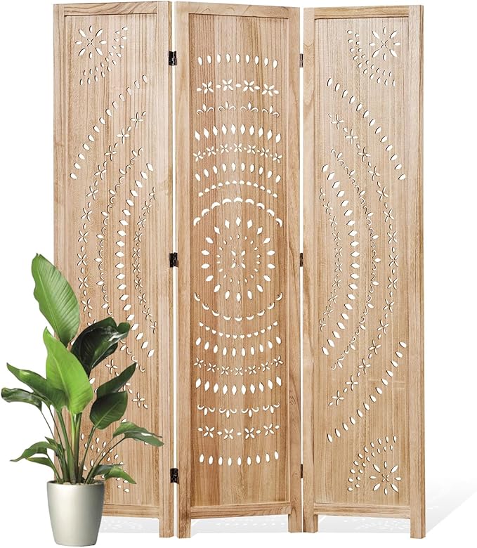 66.9Inch Folding Room Divider, 3 Panels Wood Carved Privacy Screens, Free Assembled Freestanding Partition for Home Office Restaurant Bedroom (Natural)