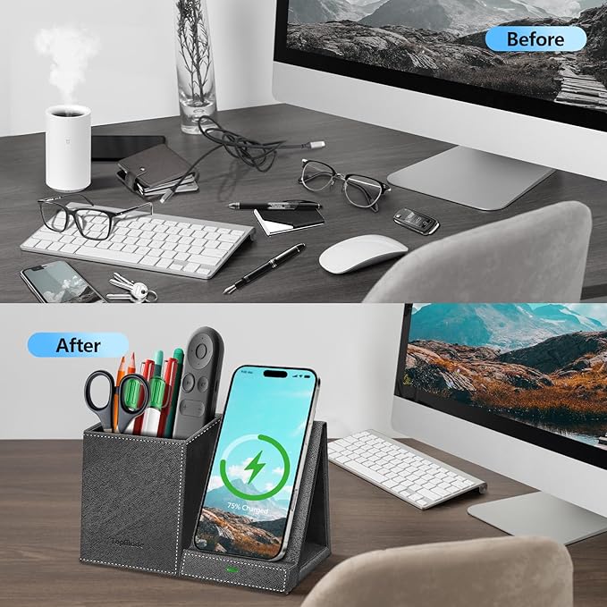 TopMade Wireless Charger with Pen Pencil Holder, Leather Mltifunctional Desk Nightstand Organizer, Fast Charging Station Remote Control Holder, Office Supplies Desk Accessories, Gifts for Men(Black)