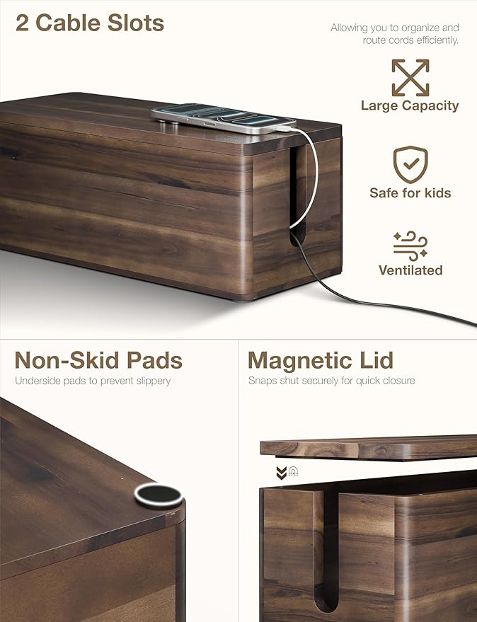 TIDITA Acacia Large Cable Management Box - Set of 2 Cord Box Hider for Office - Cable Hider Box, Surge Protector Box for TV Wires, Desk - Power Strip Box with 2 Open Slots, Magnetic Lid (Walnut color)