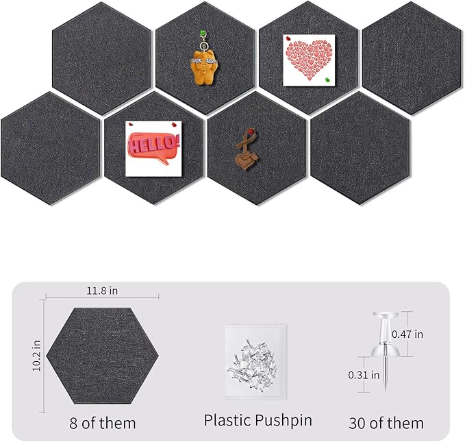 12'' Large Hexagon Cork-Bulletin Boards for Walls, Self-Adhesive Modern Corkboard, Frameless Felt Pinboard, Prayer-Vision Pin Board for Office, Pack of 8 Hex Cork Tiles with 30 Pushpins