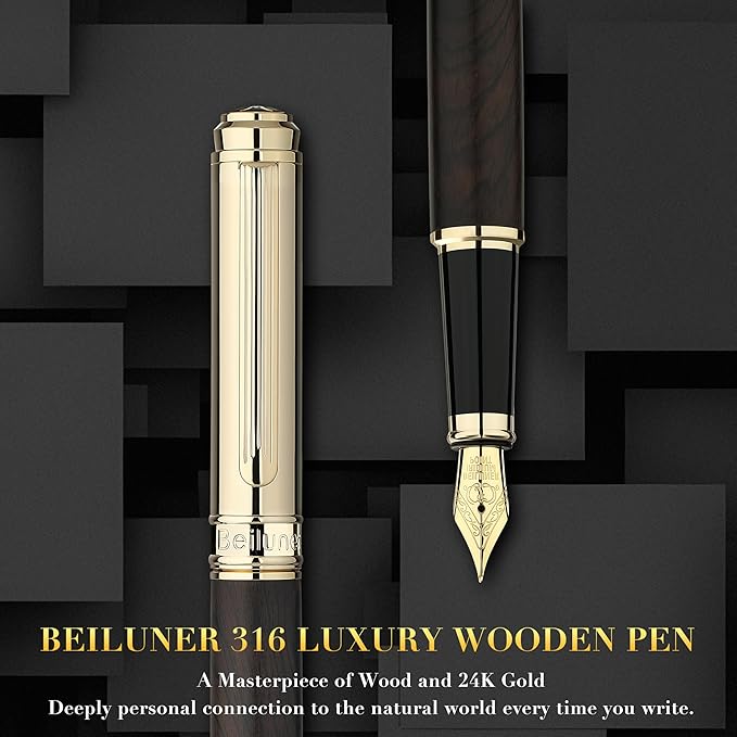 BEILUNER 316 Fountain Pen,Stunning Luxury Blackwood,24K Gilded Nib(Fine),Gorgeous 24K Gold Finish, Ink Converter,Fancy Gift for Men&Women-Elegant,Executive,Graduation Pens for Writing, BK-F