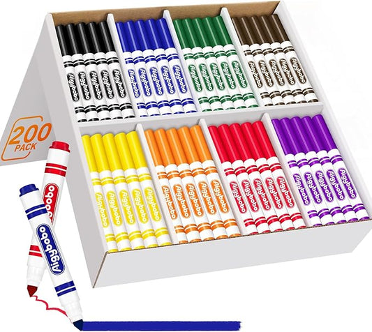 Aigybobo 200 Count Washable Markers Bulk, 8 Assorted Colors, Broad Line Conical Tip Coloring Marker for Kids, Markers Bulk Pack for Classroom, School Art Supplies & Back to School Supplies