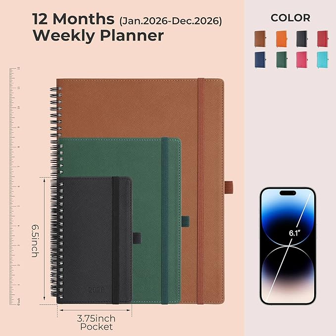 IN-LUXPRO Planner 2026 Daily Weekly and Monthly,6.5"x3.75",12 Months Spiral Bound Calendar Agenda with Self-adhesive Pen Holder,2026 Appointment Book with Vegan Leather Soft Cover,Brown