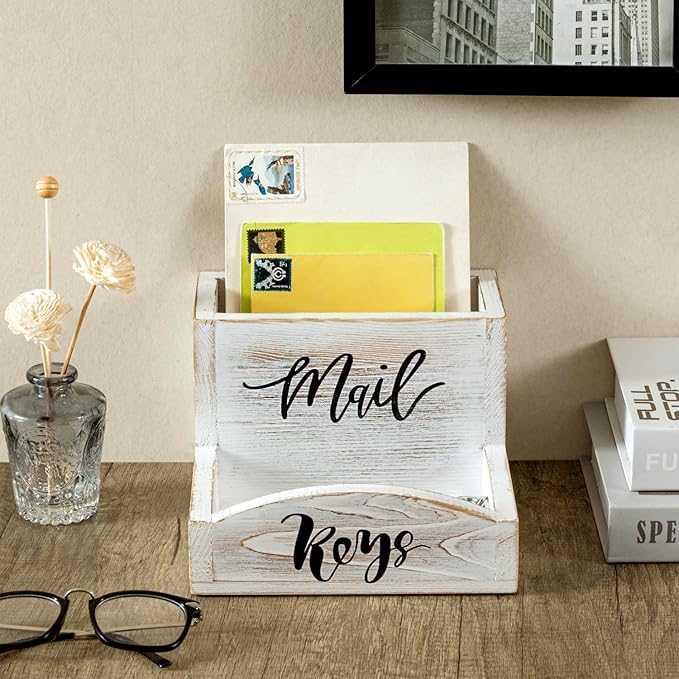 MyGift Shabby Whitewashed Solid Wood Mail Holder and Key Organizer Entryway Storage Tray with Cursive Mail and Keys Word Design, Office Desktop Organizing Bin