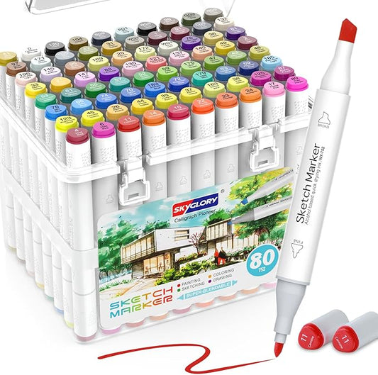 HOMSAILMO 80 color liquor base mark, double pointed (chisel and fine) permanent painting mark, suitable for adult coloring books, sketches, illustrations, with transparent box