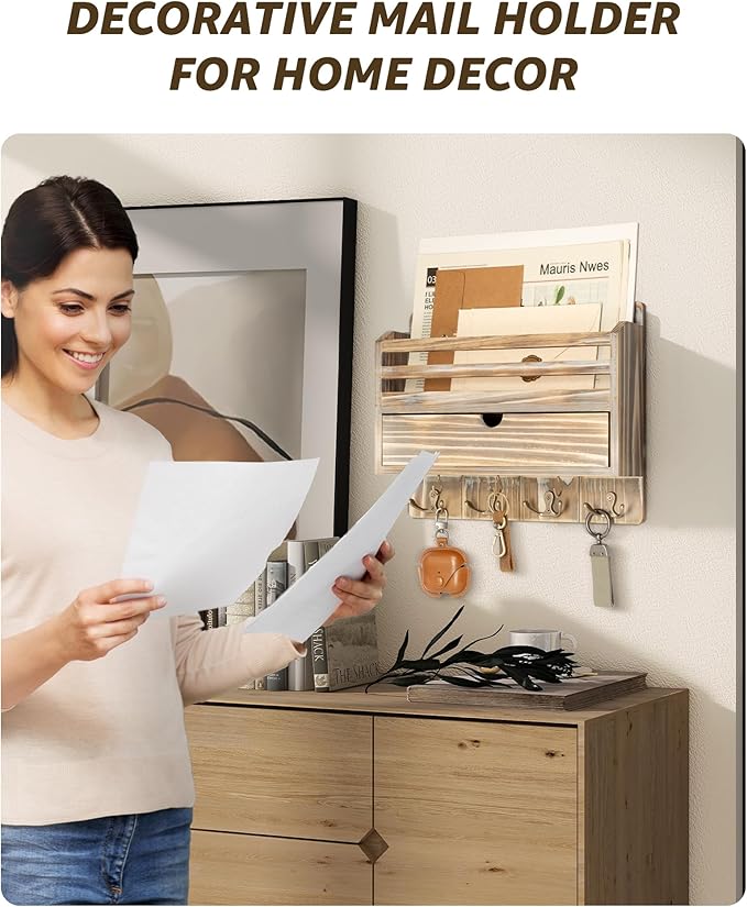 Rebee Vision Farmhouse Mail Organizer Wall Mount – Decorative Key and Mail Holder for Wall with Drawer Organizer and 7 Key Hooks – Apartment Essentials for Home Decor (Natural Wood)
