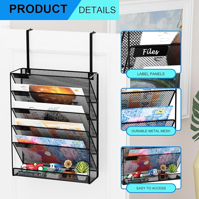 GDINDINFAN 6-Tier Hanging File Organizer Office Cubicle Accessories for Work Organizer Wall Mount File Holder for Mails Folders Papers Magazine Organization, Black