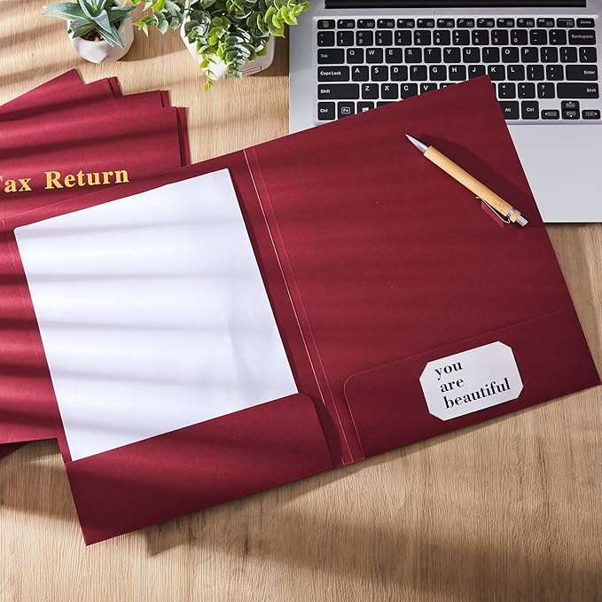 Harloon 40 Pcs Tax Return Folders 12 x 9 Inches 2 Pocket Folders Bulk Gold Foil Stamped Heavyweight Folder, Holds 8 x 11 Inches Letter Size Paper(Red,Cardboard)