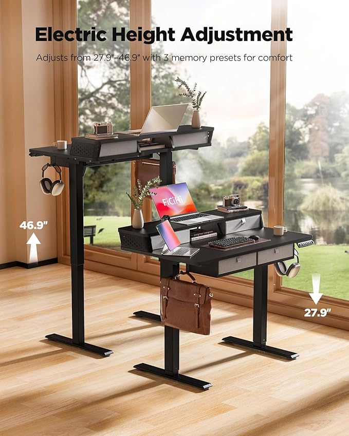 FiCiHi Electric Standing Desk with Four Drawers, Adjustable Height Sit Stand Desk, C-Clamp Compatible Home Office Desk with Storage Shelf & Monitor Stand Riser, 40 x 24 Inch, Classical Black