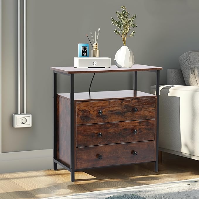 Edbuosy 3 Wooden Drawers Night Stand, 27 Inch Wide Nightstand with Charging Station and Adjustable Drawers, Small Dresser for Closet, Bedside Table for Living Room/Bedroom/Office, Retro Brown.