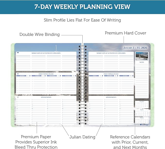 Planner Pad Spiral Bound January-December 2026/ Calendar Year 6 3/4" x 8 1/2" Medium 3-Tier Funnel Down 12 Month Organizer, Seasonal Color Ink