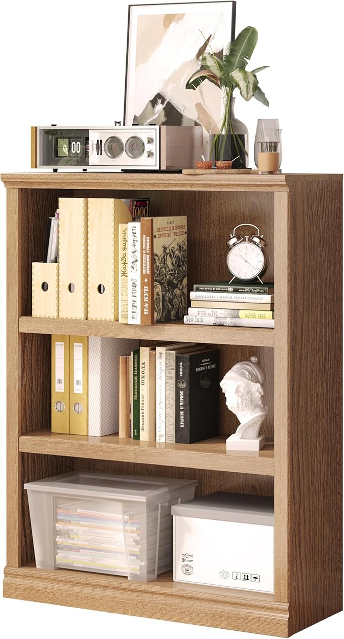 Bevfint 43 in Tall Bookcase, 3-Tier Bookshelf Open Storage, 33 inch Wide Floor Standing Indoor Furniture, Book Cases for Home School Library Office Bedroom Kids, Oak 3 Tiers