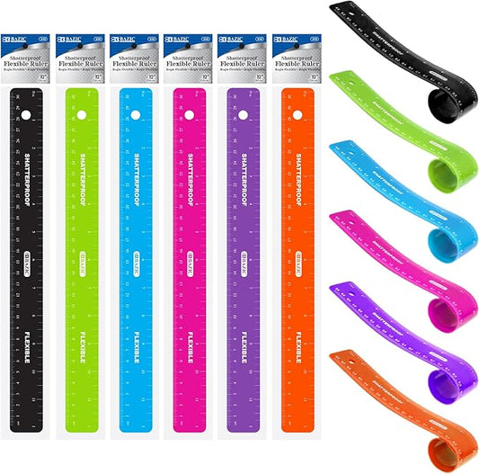BAZIC Products Shatterproof Flexible Curve Ruler 12" (30cm), Inches Centimeter Metric Measuring Drafting Rulers, for Students School Supplies, 6-Pack