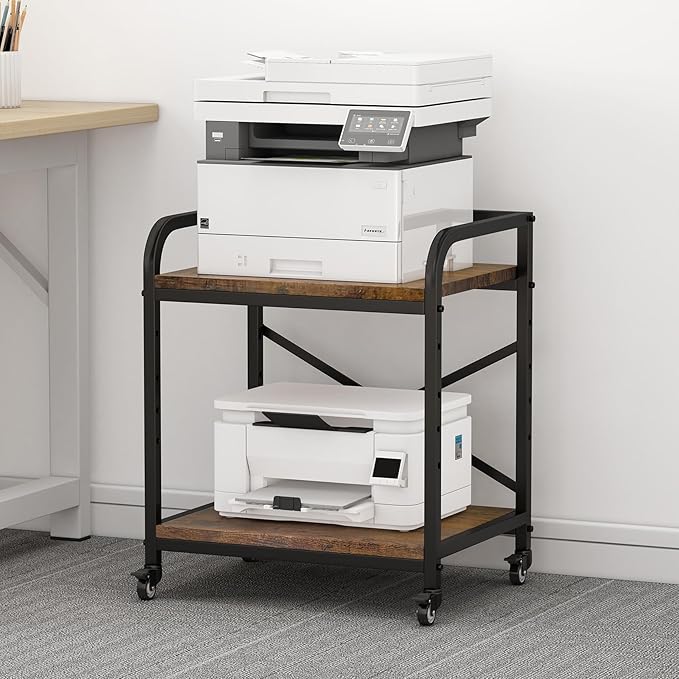Vokumba 2 Tier Under Desk Printer Stand, Large Printer Table with Height Adjustable Shelf, Rolling Printer Cart with Industrial Wheels for Home Office, Scanner Fax (Rustic Brown)