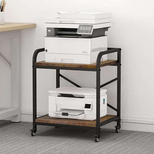 Vokumba 2 Tier Under Desk Printer Stand, Large Printer Table with Height Adjustable Shelf, Rolling Printer Cart with Industrial Wheels for Home Office, Scanner Fax (Rustic Brown)