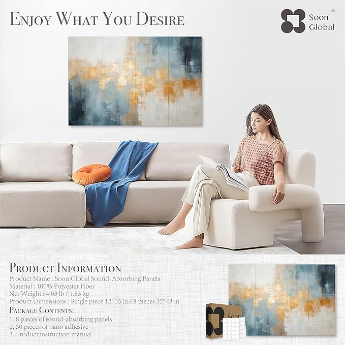 Soon Global 8-Pack Acoustical Wall Panels, 48 X 32 Inches Art Acoustic Panels, Decorative Acoustic Panels, Acoustic Wall Panels, Sound Absorbing Wall Art, Teal Aura