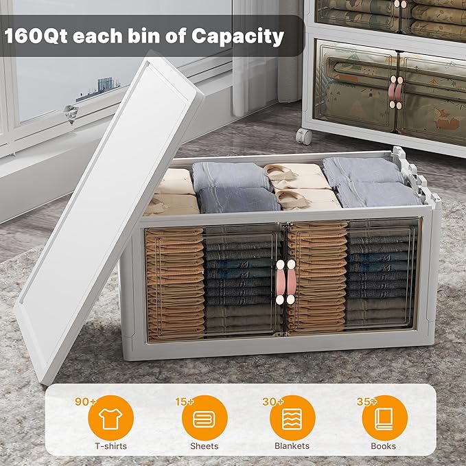 UAMFURI Extra Large Stackable Storage Bins with Lids & Wheels & Door, 1280QT-160QT/40GAL*8Pack Foldable Collapsible Closet Organizers, Plastic containers drawers for bedroom Dorm