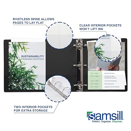 Samsill 1 Inch 3 Ring Binder, Made in USA, Economy Round Ring, Clear View Cover, 200 Sheet Capacity - for School, Home, Office - Black