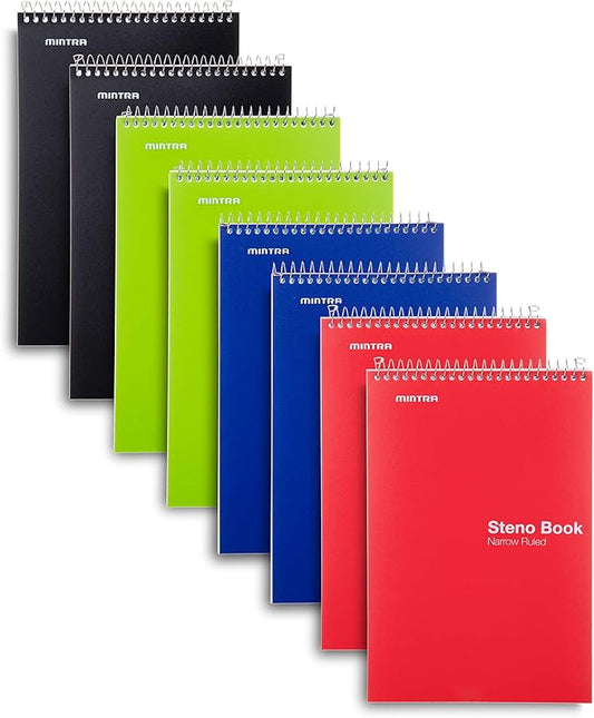 Mintra Office Steno Book - (Primary Colors, 8 Pads/Pack, Narrow Ruled) - Colorful Poly Covesr, 6" x 9", 100 sheets, Writing Notes for school, office, work, 6x9 steno notepad, top bound spiral (8 PACK)