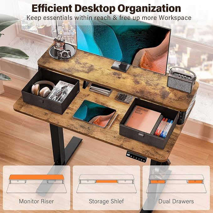 Kingant 40 x 24 Inch Electric Standing Desk with Dual Drawers, Height Adjustable Sit to Stand Computer Desk with Storage Shelf and C-Clamp Mount Compatibility for Home Office, Rustic Brown
