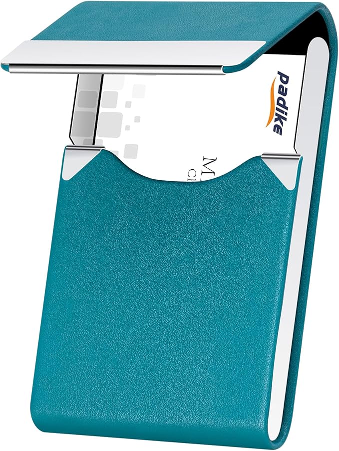 Padike Professional Business Card Holder PU Leather Business Card Case Name Card Holder Slim Metal Pocket Card Holder with Magnetic Shut (Y-Blue green)